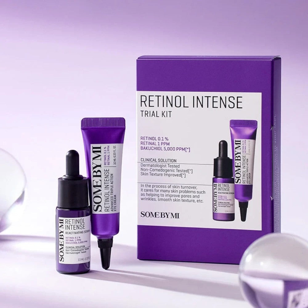 Skin TOGO Some By Mi Retinol Intense Trial Kit featuring a serum and eye cream in purple packaging on a light background.
