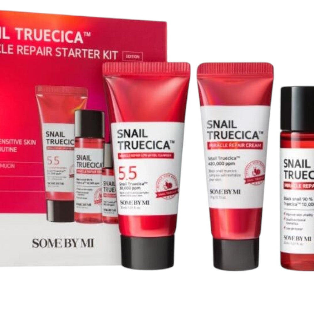 Skin TOGO Some By Mi Snail Truecica Miracle Repair starter kit featuring cleanser, toner, serum, and cream bottles.