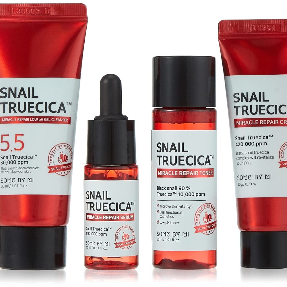 Skin TOGO Some By Mi Snail Truecica Miracle Repair starter kit with cleanser, serum, toner, and repair cream.