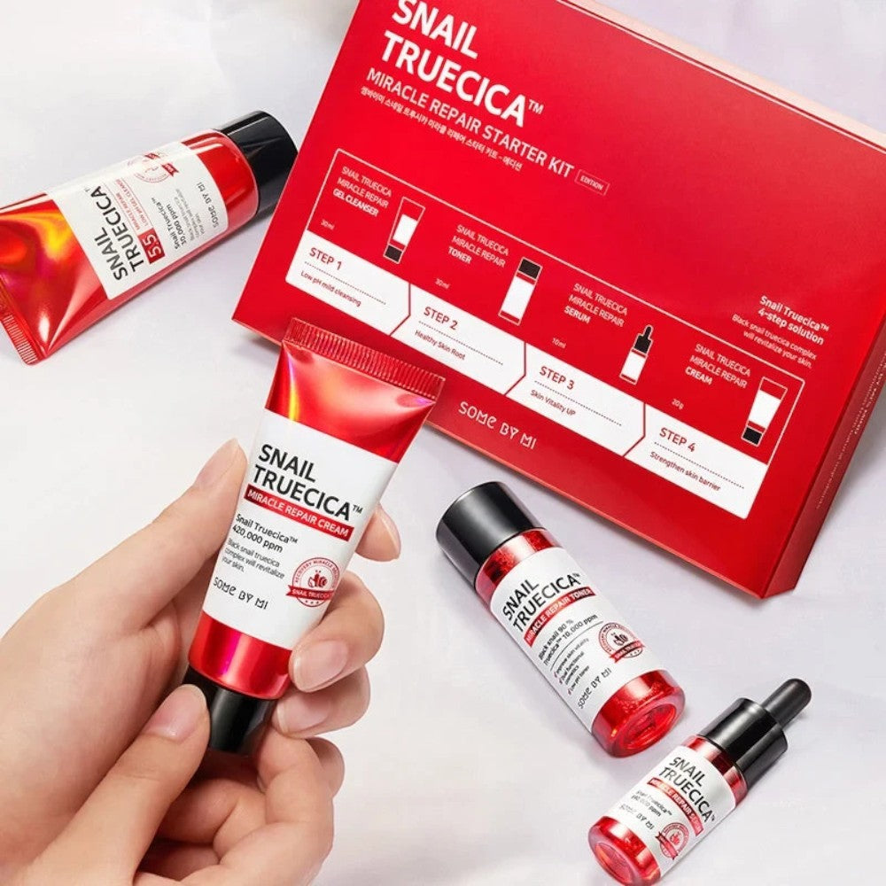 Skin TOGO Some By Mi Snail Truecica Miracle Repair starter kit with cleanser, toner, serum, and repair cream tubes.