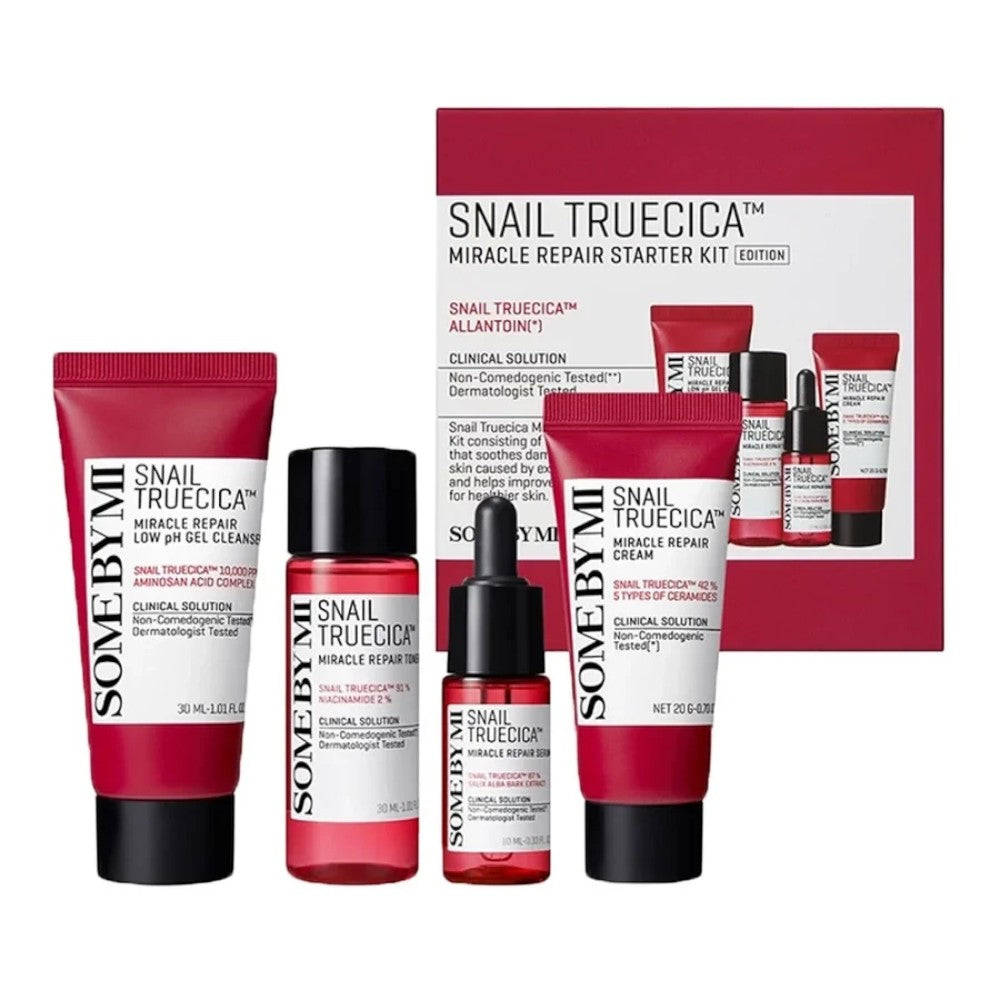 Skin TOGO Some By Mi Snail Truecica Miracle Repair four-piece skincare starter kit with cleanser, toner, serum, and cream.