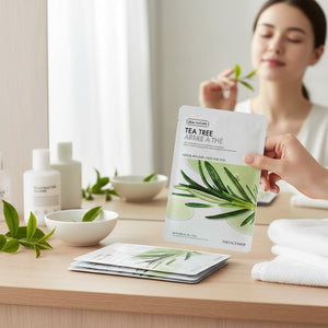 Skin TOGO The Face Shop Real Nature Tea Tree sheet mask held in hand on a vanity with skincare products