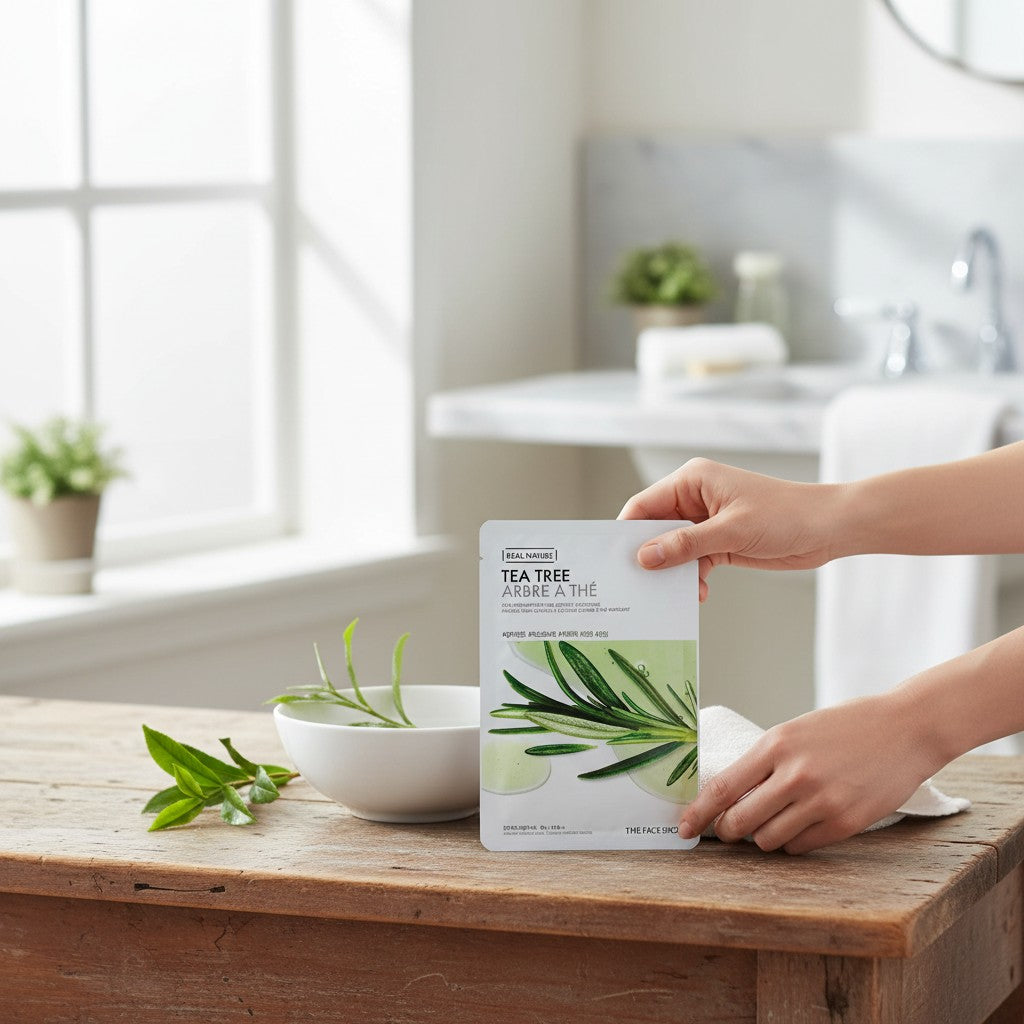 Skin TOGO The Face Shop Real Nature Tea Tree sheet mask held over a wooden table with fresh tea tree leaves.