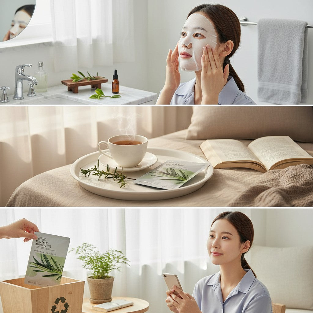 Skin TOGO The Face Shop Real Nature Tea Tree sheet mask being used by a woman for acne-prone skin care