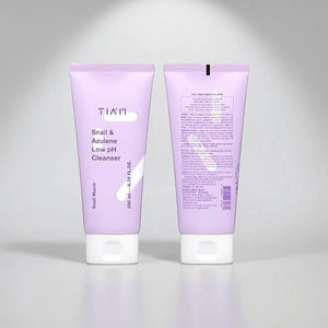 Skin TOGO TIAM Snail & Azulene Low pH Cleanser 200ml tubes showing front and back packaging in soft lavender.
