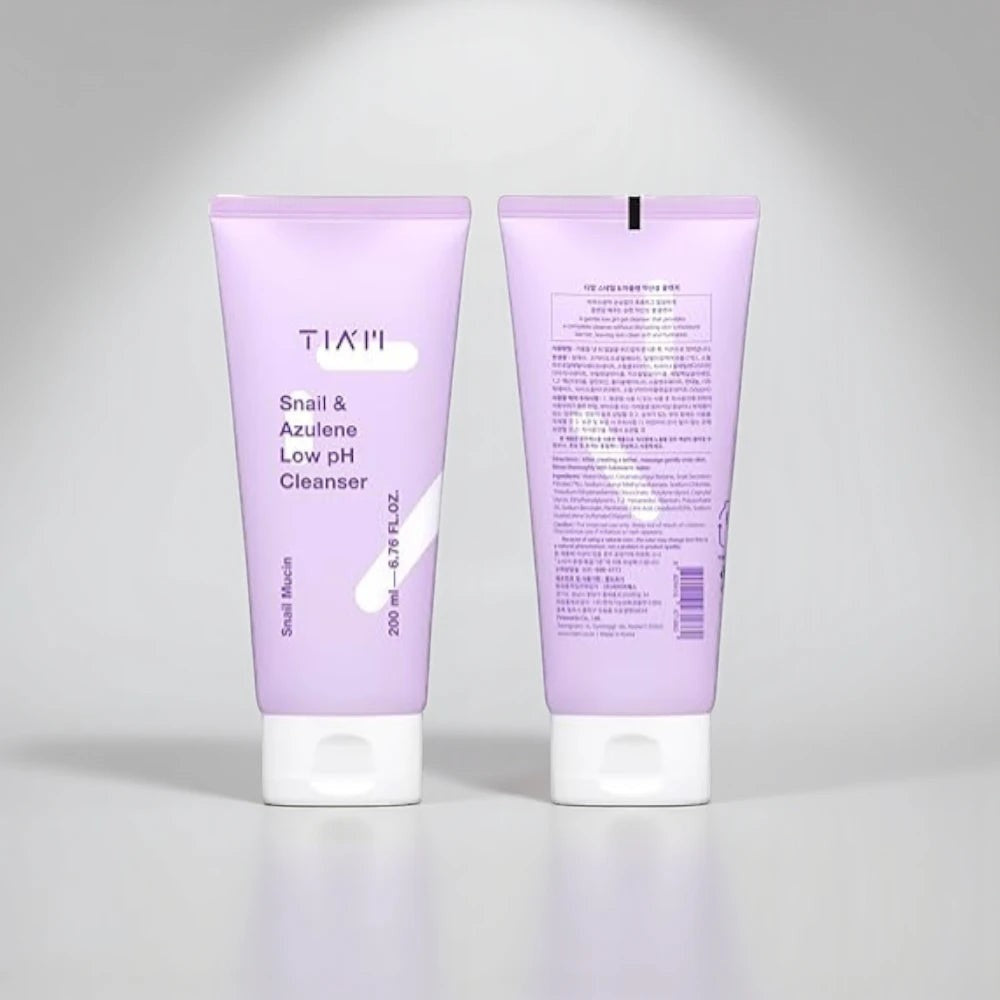 Skin TOGO TIAM Snail & Azulene Low pH Cleanser 200ml tubes showing front and back packaging in soft lavender.
