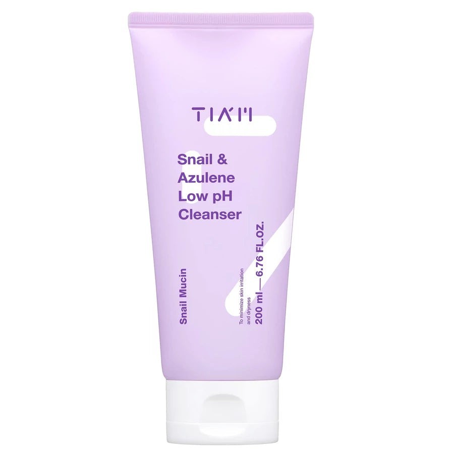 Skin TOGO TIAM Snail & Azulene Low pH Cleanser in a light purple 200ml squeeze tube for gentle skin care.