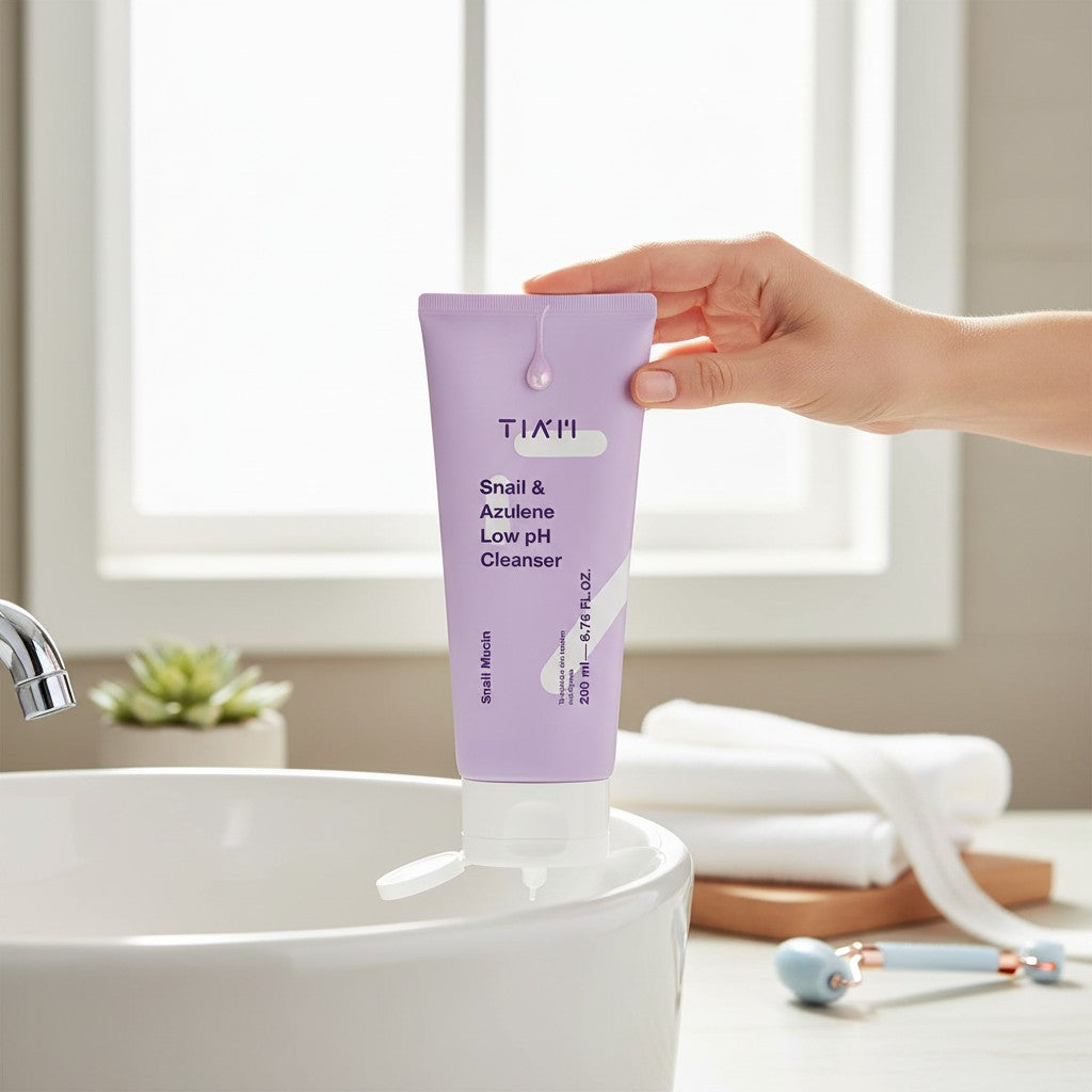Skin TOGO TIAM Snail & Azulene Low pH Cleanser in a light purple tube held over a white bathroom sink.