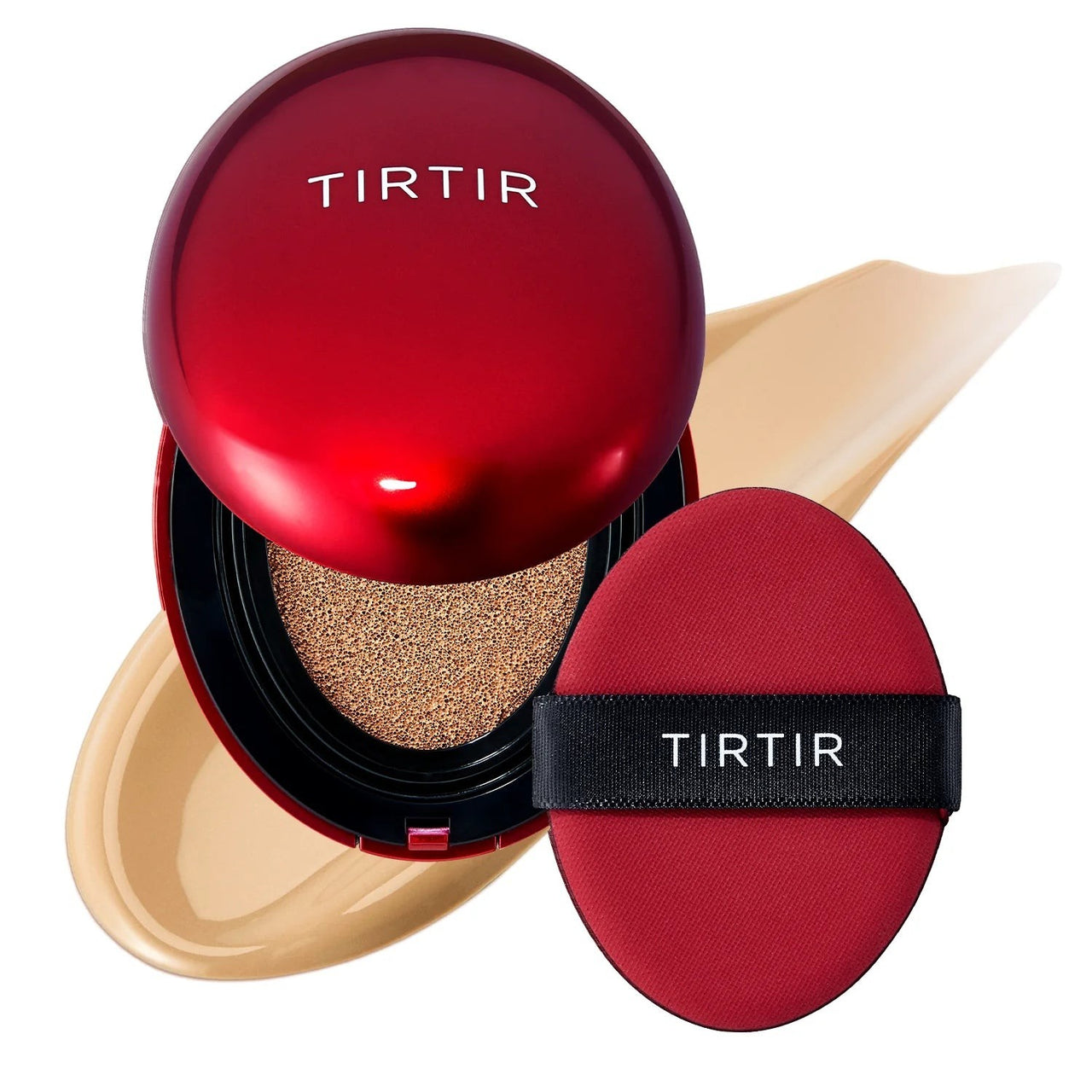 Skin TOGO TIRTIR Mask Fit Red Cushion in shade 28N with a red compact, applicator puff, and foundation swatch.