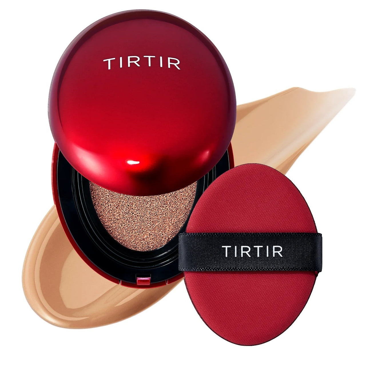 Skin TOGO TIRTIR Mask Fit Red Cushion in shade 29C with a red compact case, applicator puff, and foundation swatch.