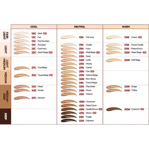 Skin TOGO TIRTIR Mask Fit Red Cushion foundation shade chart showing various skin tones from fair to deep
