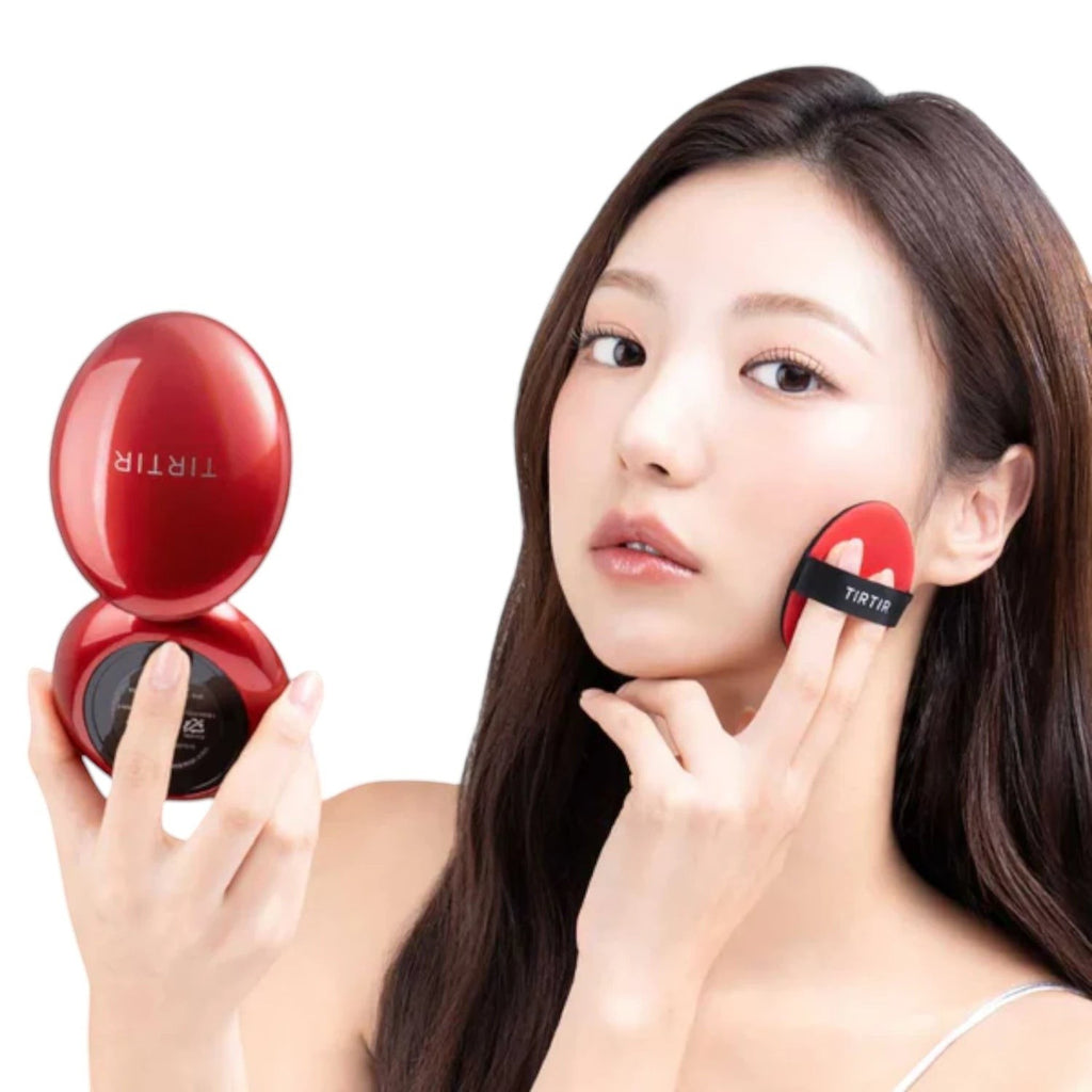 Skin TOGO model applying TIRTIR Mask Fit Red Cushion foundation in 28N shade with a red puff for a semi-matte finish.