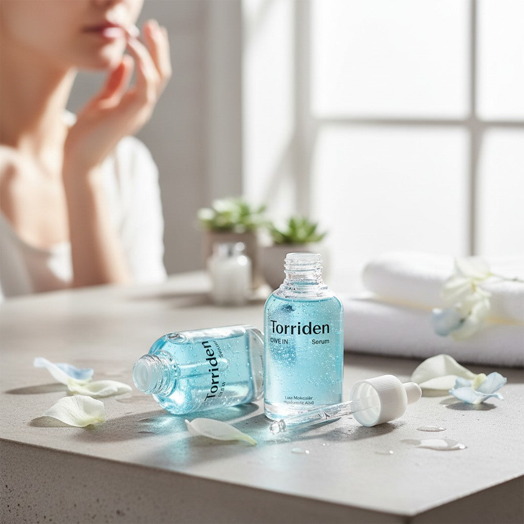 Skin TOGO Torriden DIVE-IN hyaluronic acid serum bottles on a vanity with petals and a blurred woman in the background