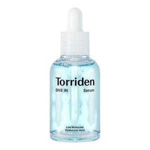 Skin TOGO Torriden DIVE-IN hydrating serum in a clear glass bottle with a dropper, featuring light blue liquid.