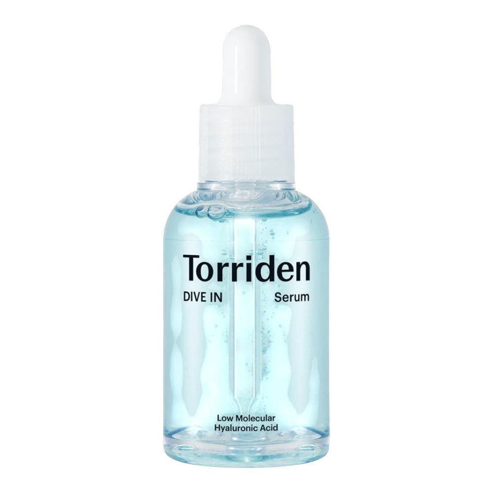 Skin TOGO Torriden DIVE-IN hydrating serum in a clear glass bottle with a dropper, featuring light blue liquid.