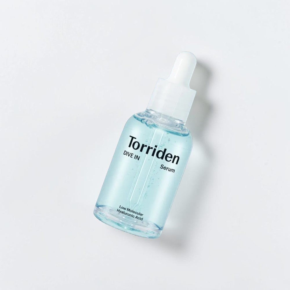 Skin TOGO Torriden DIVE-IN low molecular hyaluronic acid serum in a clear glass dropper bottle with light blue liquid.