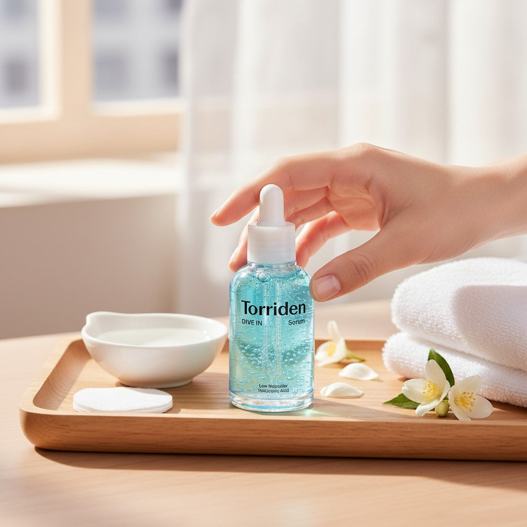 Skin TOGO Torriden DIVE-IN hyaluronic acid serum in a clear glass bottle with a dropper on a wooden tray with towels.