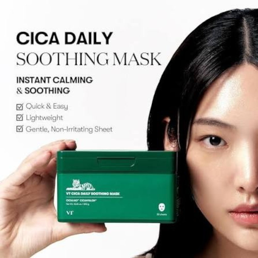 Skin TOGO VT CICA Daily Soothing Mask green dispenser box held by a woman for daily facial skincare