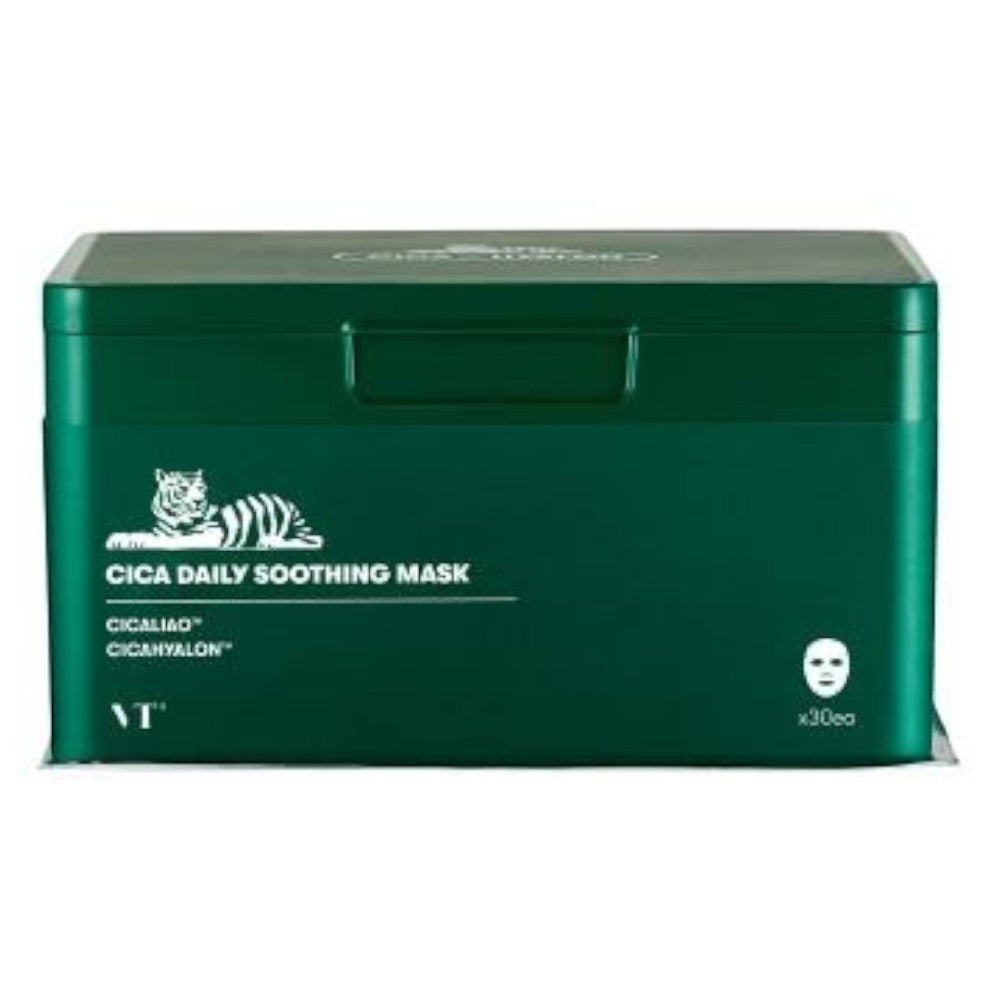 Skin TOGO VT CICA Daily Soothing Mask 30-pack in a green container for sensitive skin hydration