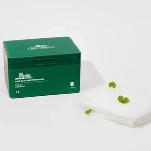Skin TOGO VT CICA Daily Soothing Mask 30-pack in a green box with thin facial sheet masks and centella leaves.