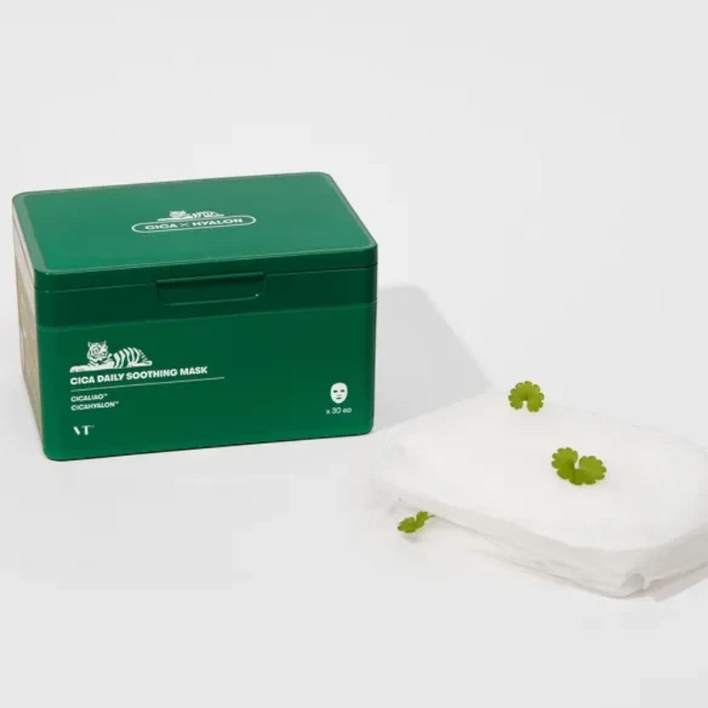 Skin TOGO VT CICA Daily Soothing Mask 30-pack in a green box with thin facial sheet masks and centella leaves.