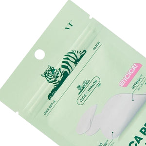 Skin TOGO VT Cosmetics Cica Reti-A hydrocolloid acne patches in a light green resealable pouch with tiger logo.