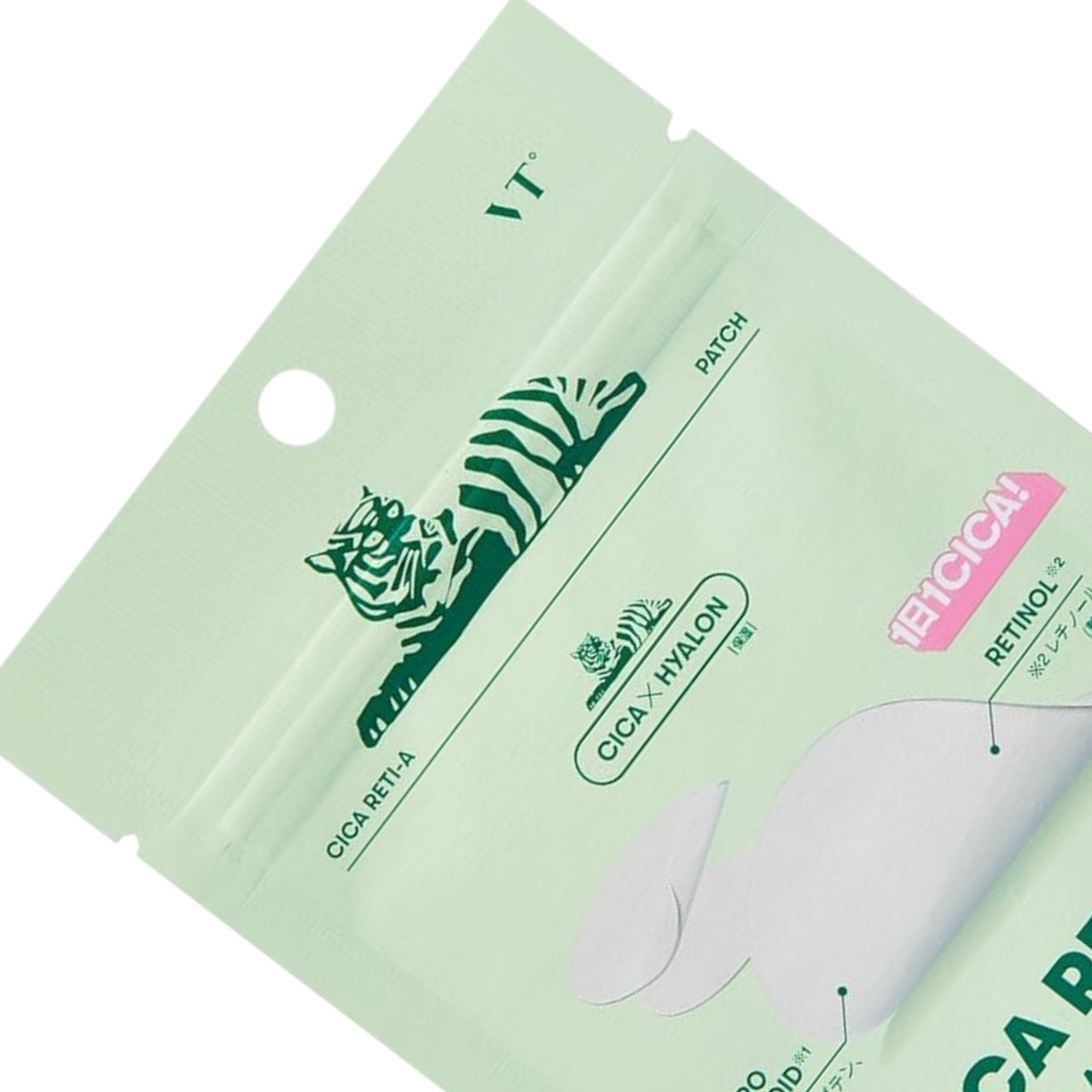 Skin TOGO VT Cosmetics Cica Reti-A hydrocolloid acne patches in a light green resealable pouch with tiger logo.