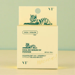 Skin TOGO VT Cosmetics Cica No-Sebum UV Powder in a light green box with a tiger illustration for oil control.