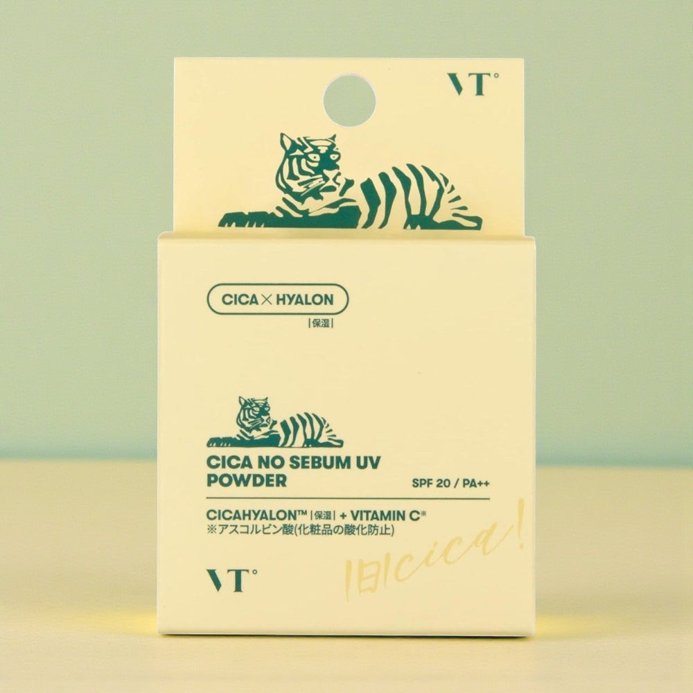 Skin TOGO VT Cosmetics Cica No-Sebum UV Powder in a light green box with a tiger illustration for oil control.