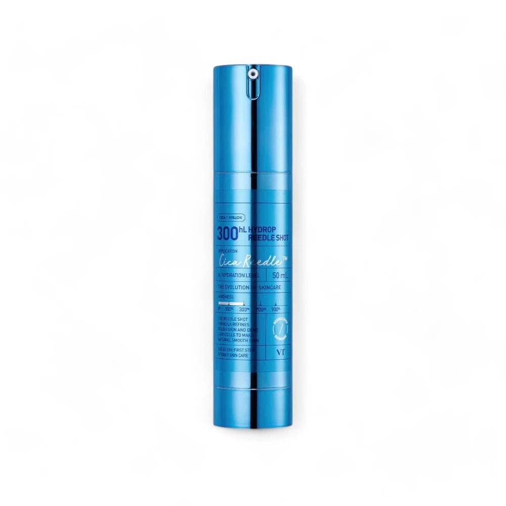 Skin TOGO VT Cosmetics Hydrop Reedle Shot 300hL hydrating serum in a metallic blue 50ml pump bottle.