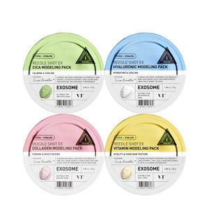 Skin TOGO collection of four VT Cosmetics Reedle Shot EX modeling face masks in green, blue, pink, and yellow tubs.