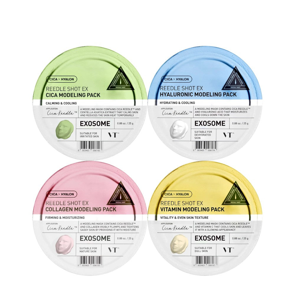 Skin TOGO collection of four VT Cosmetics Reedle Shot EX modeling face masks in green, blue, pink, and yellow tubs.