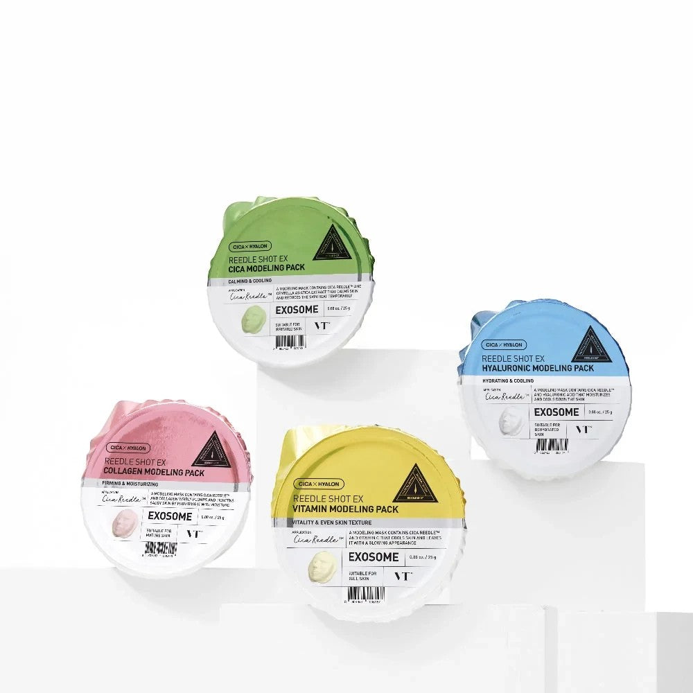 Skin TOGO VT Cosmetics Reedle Shot EX modeling mask collection featuring Vitamin, Cica, Collagen, and Hyaluronic variants.