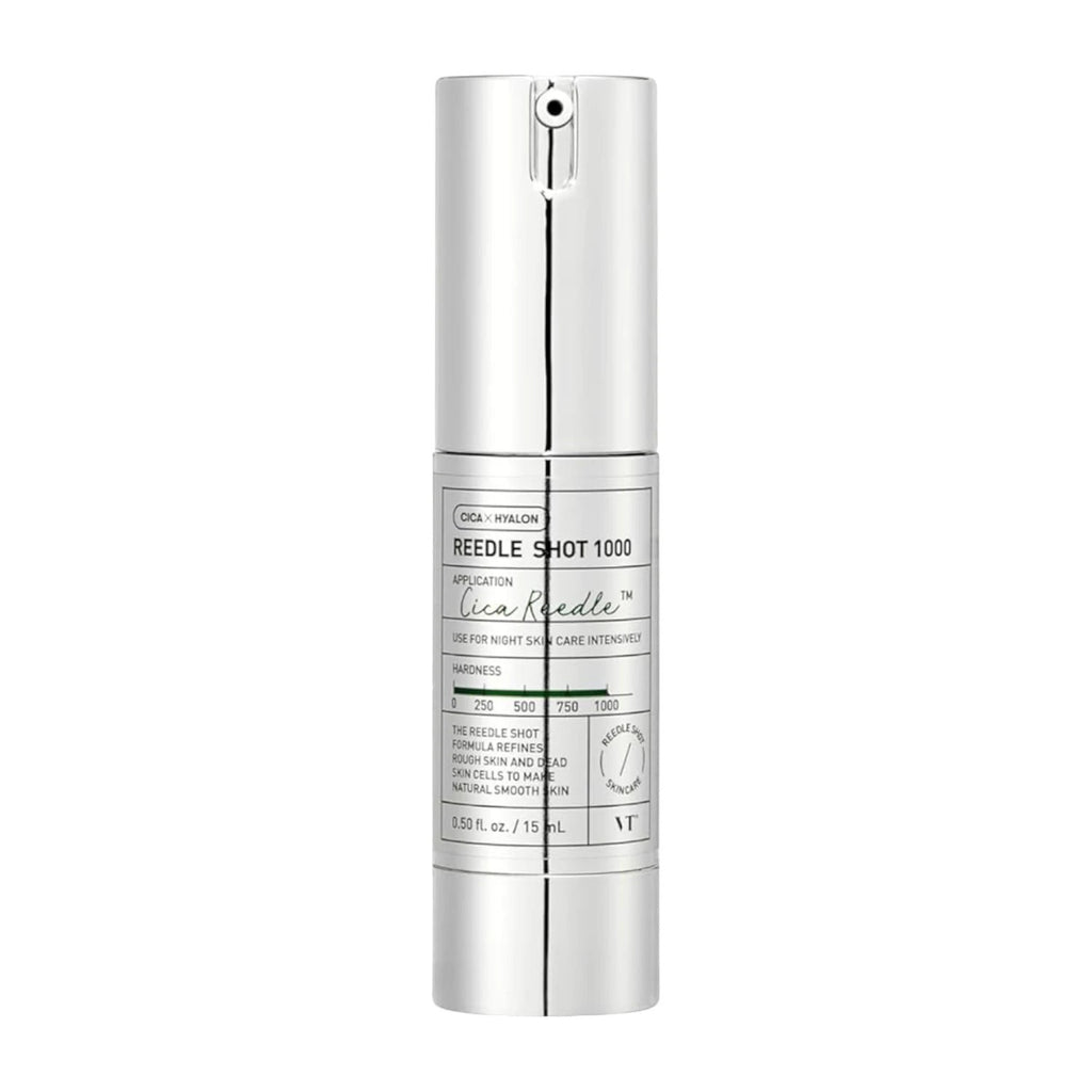 Skin TOGO VT Cosmetics Reedle Shot 1000 micro-needle essence in a silver pump bottle for intensive skin renewal.