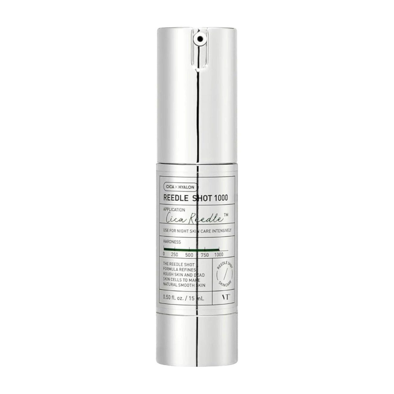 Skin TOGO VT Cosmetics Reedle Shot 1000 micro-needle essence in a silver pump bottle for intensive skin renewal.
