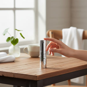Skin TOGO VT Cosmetics Reedle Shot 1000 essence bottle on a wooden table with a hand reaching for the pump dispenser.
