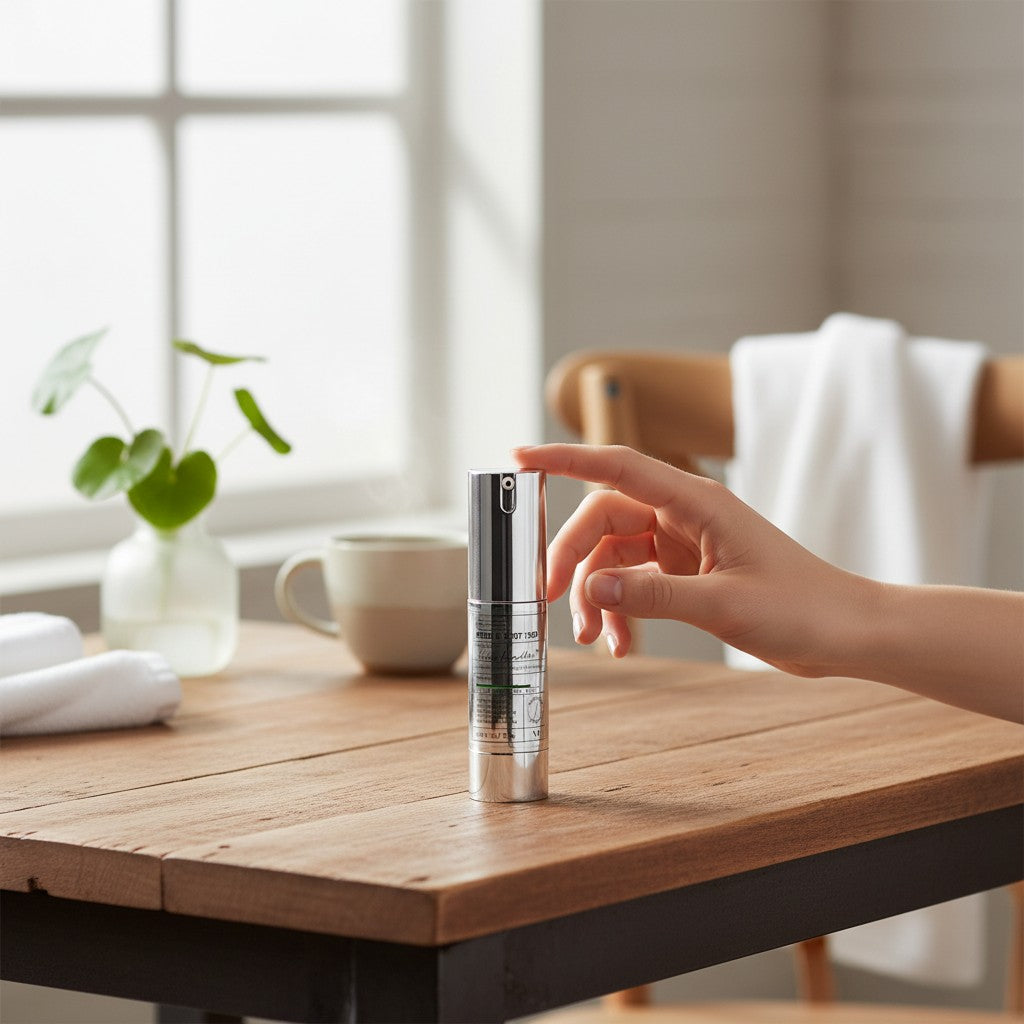 Skin TOGO VT Cosmetics Reedle Shot 1000 essence bottle on a wooden table with a hand reaching for the pump dispenser.