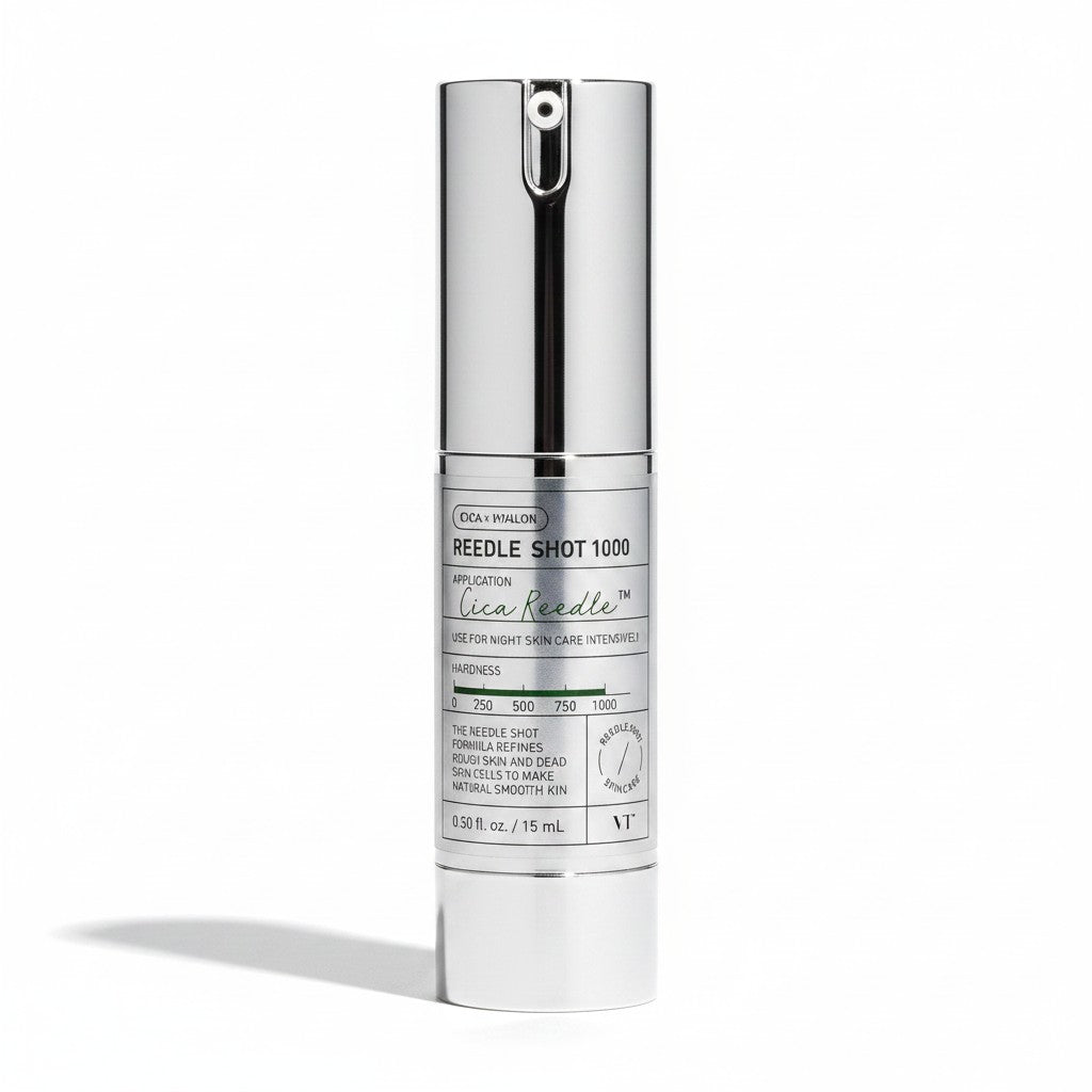 Skin TOGO VT Cosmetics Reedle Shot 1000 micro-needle essence in a silver 15ml pump bottle for intensive skin renewal.