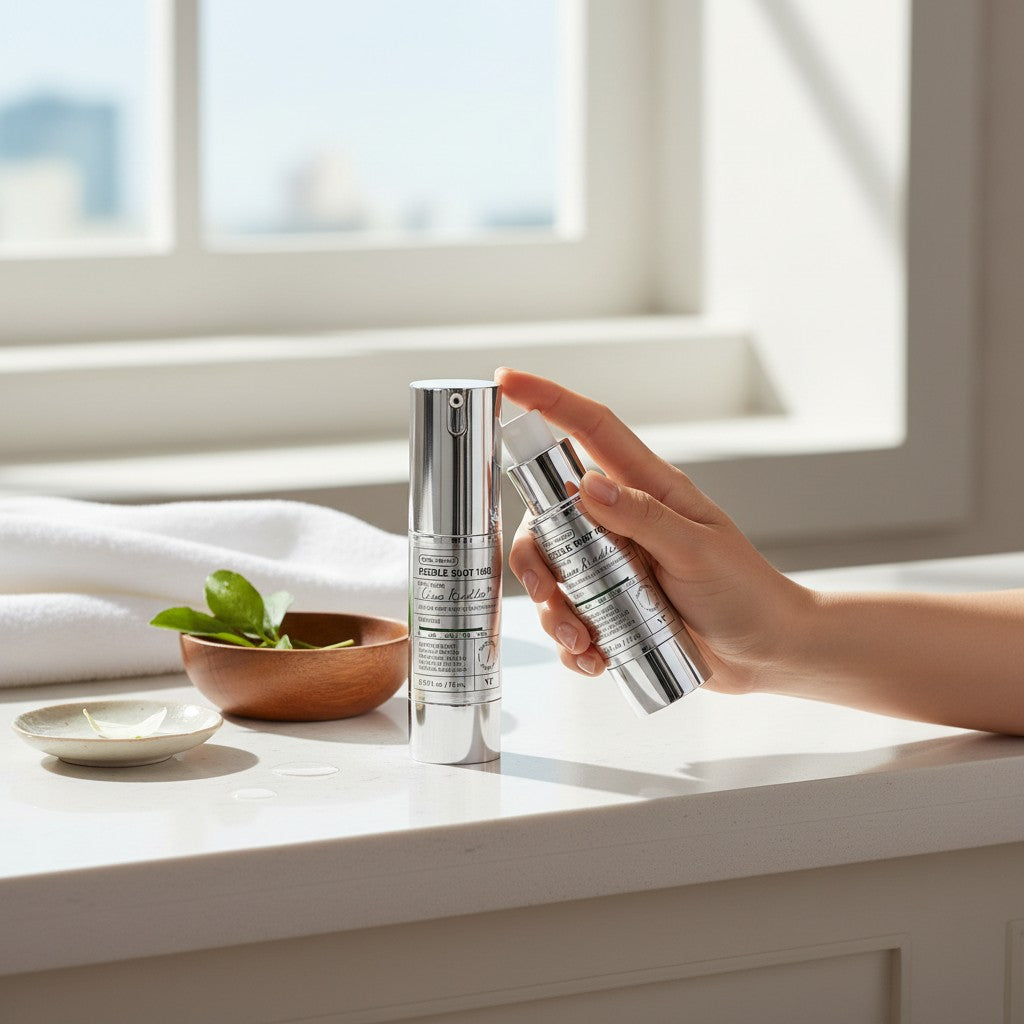 Skin TOGO VT Cosmetics Reedle Shot 1000 essence bottle held by hand on a bright bathroom counter