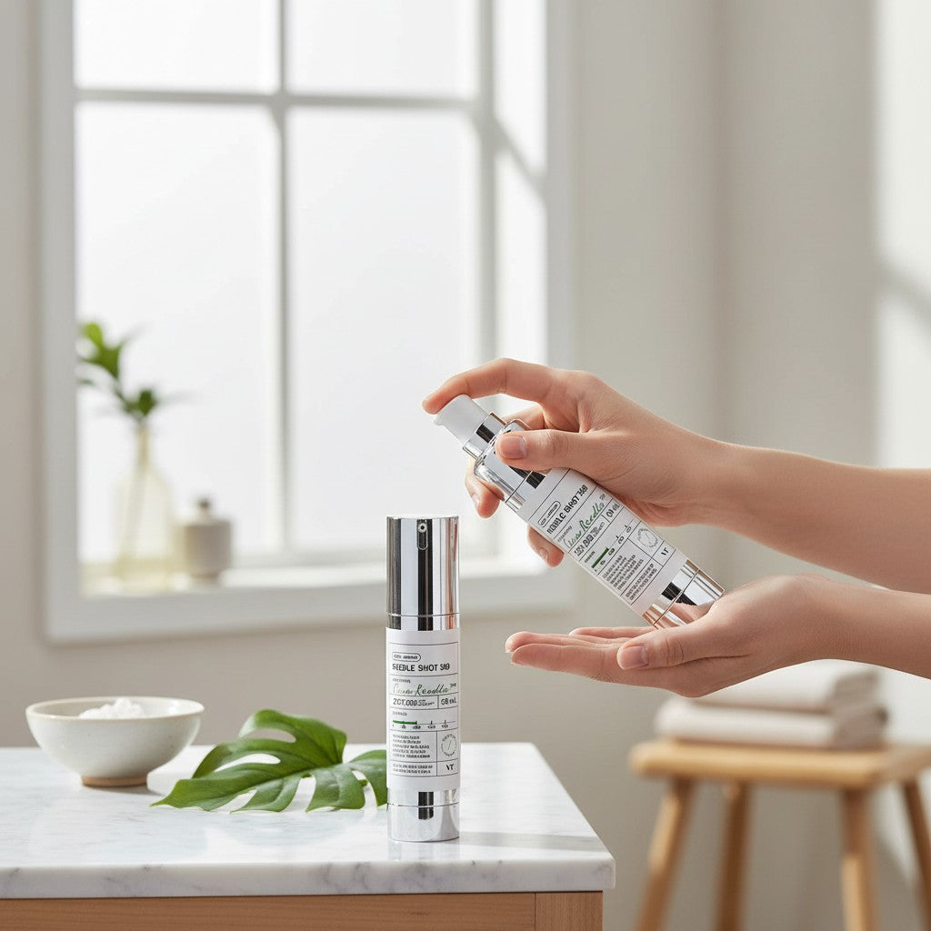 Skin TOGO VT Cosmetics Reedle Shot 300 essence bottle being dispensed into a hand, featuring a sleek white design.