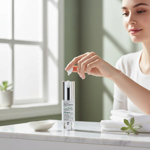 Skin TOGO VT Cosmetics Reedle Shot 700 essence bottle being used by a woman in a bright, minimalist bathroom setting.