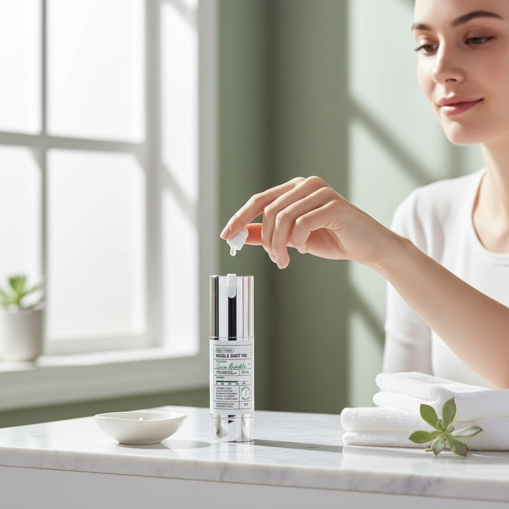 Skin TOGO VT Cosmetics Reedle Shot 700 essence bottle being used by a woman in a bright, minimalist bathroom setting.