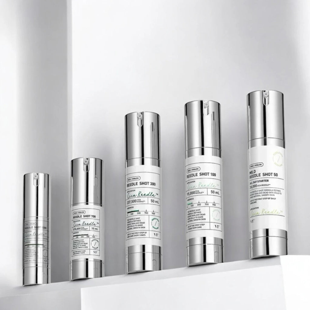 Skin TOGO collection of VT Cosmetics Reedle Shot essence bottles in varying intensities on a white shelf.