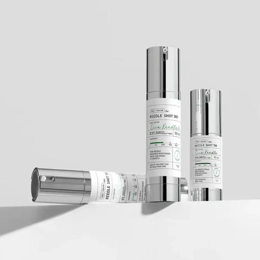 Skin TOGO VT Cosmetics Reedle Shot essence bottles in 100, 300, and 700 intensities for skincare absorption.