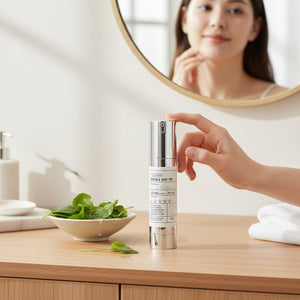 Skin TOGO VT Cosmetics Reedle Shot 100 essence bottle on a wooden vanity with a woman reflecting in a mirror