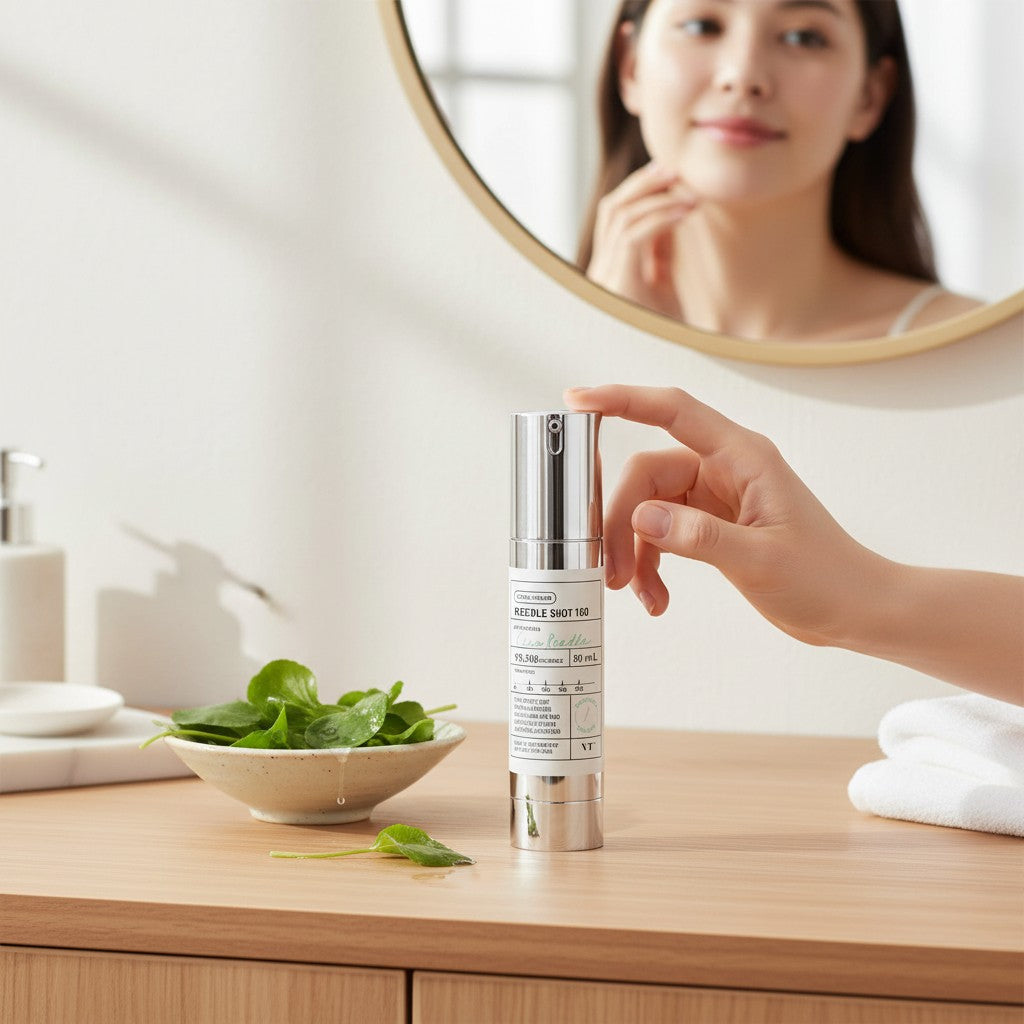 Skin TOGO VT Cosmetics Reedle Shot 100 essence bottle on a wooden vanity with a woman reflecting in a mirror