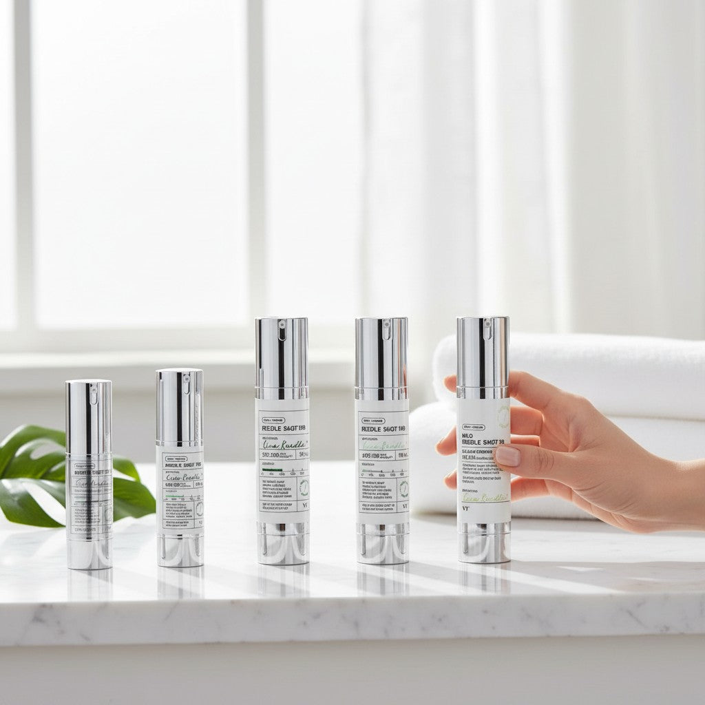 Skin TOGO collection of VT Cosmetics Reedle Shot essence bottles in various sizes on a marble surface.